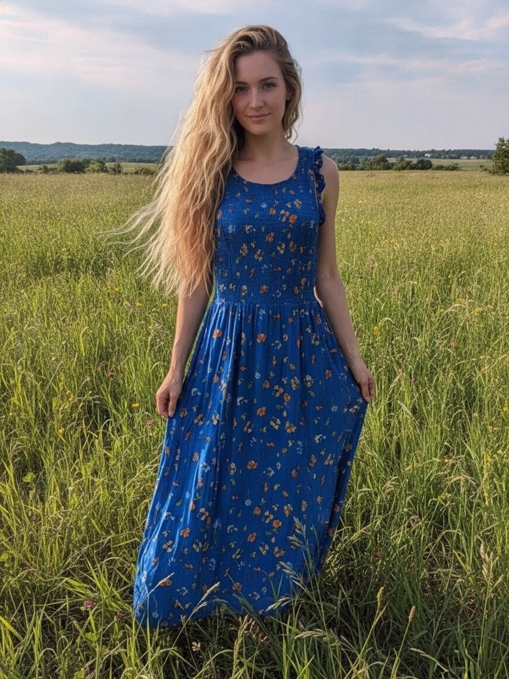 "MNG" Blue Floral Maxi Dress with Ruffle Straps, Cute, Flowy, Farmcore Fashion